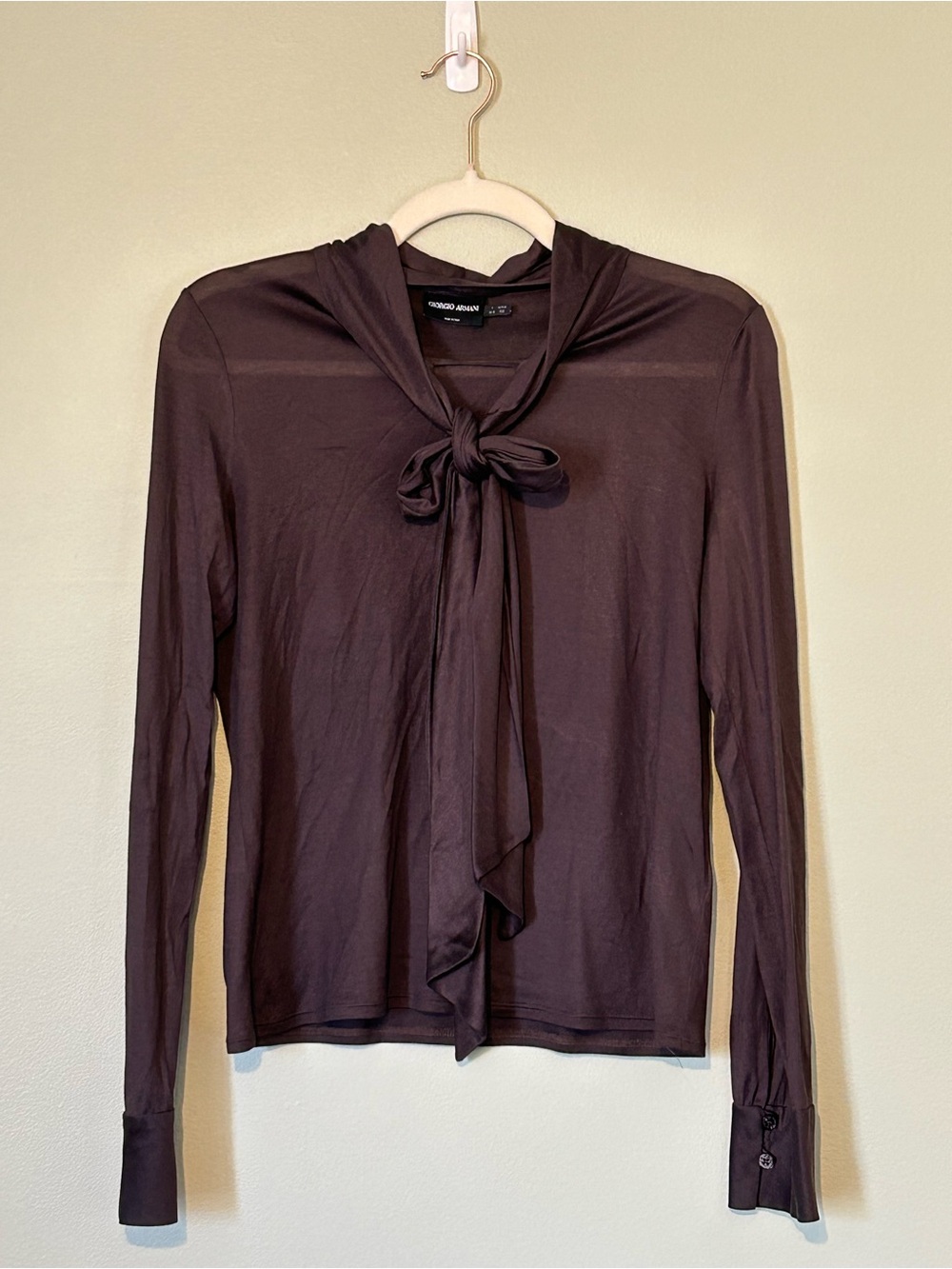 Giorgio Armani Charcoal Gray Tie-Neck Long Sleeve Blouse